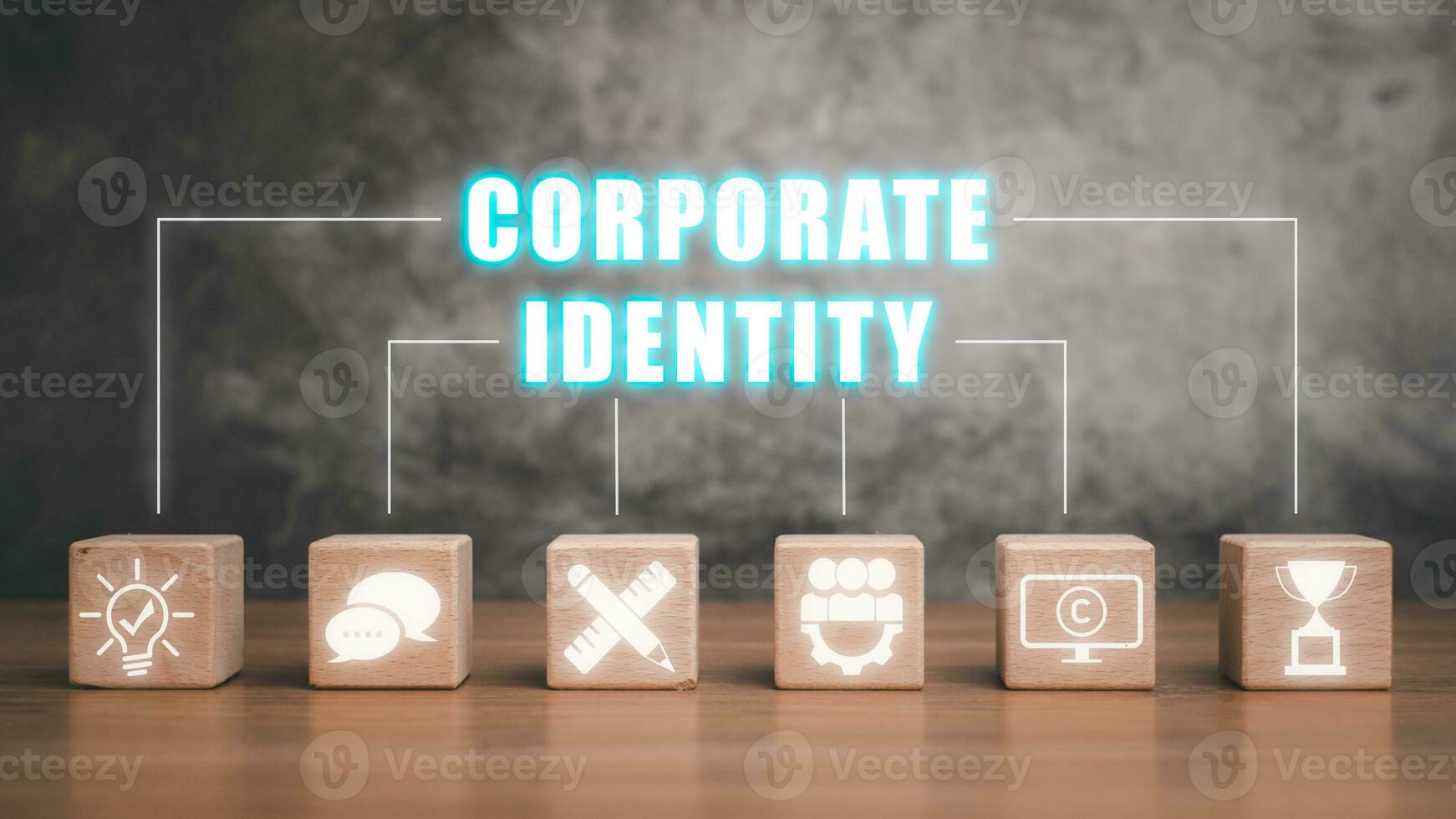 entreprise identité concept, en bois bloquer sur bureau avec entreprise identité icône sur virtuel filtrer. photo