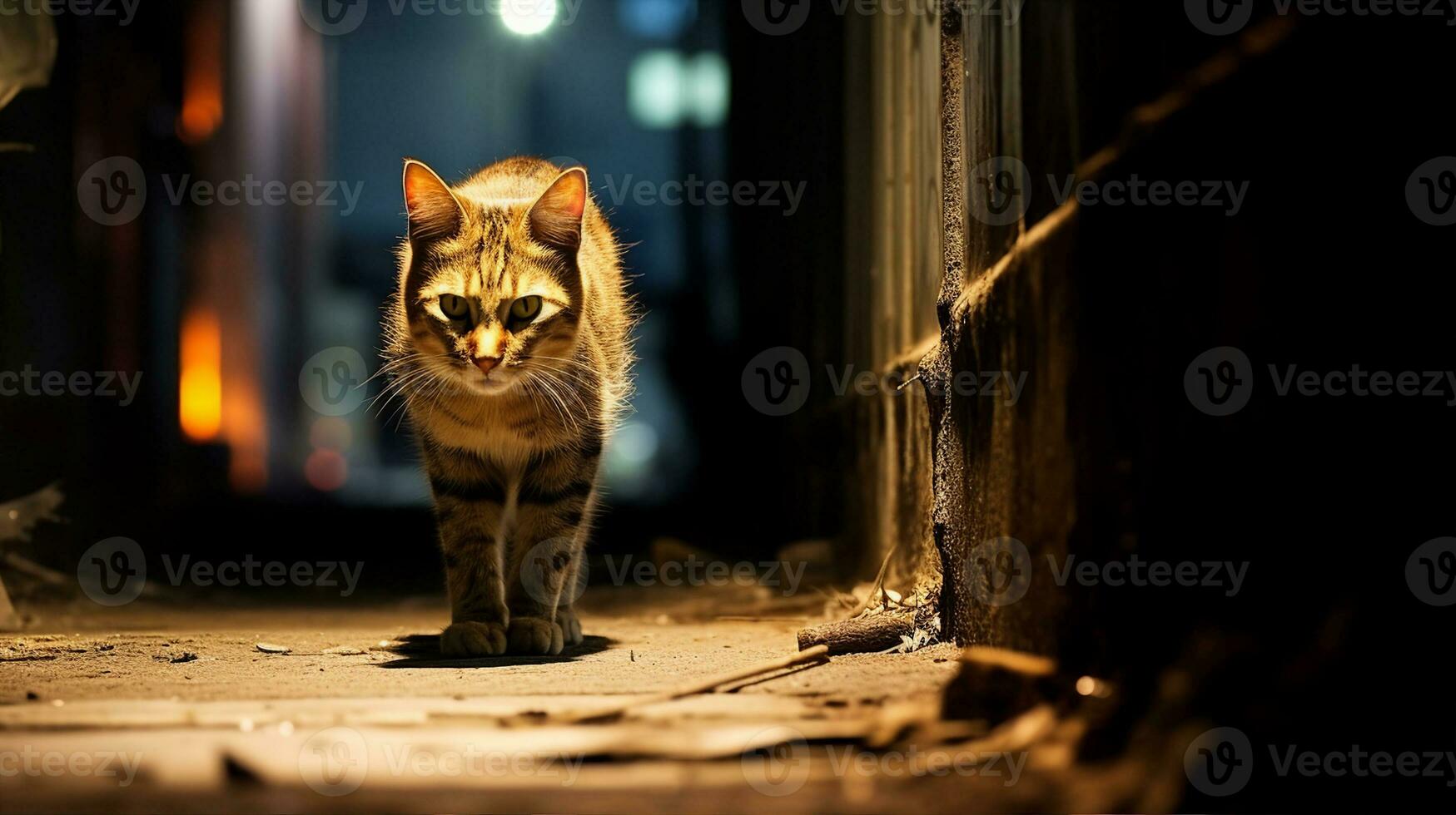 sauvage chat rôder le les ruelles, ses indépendance et sauvage esprit évident dans ses foulée. génératif ai photo