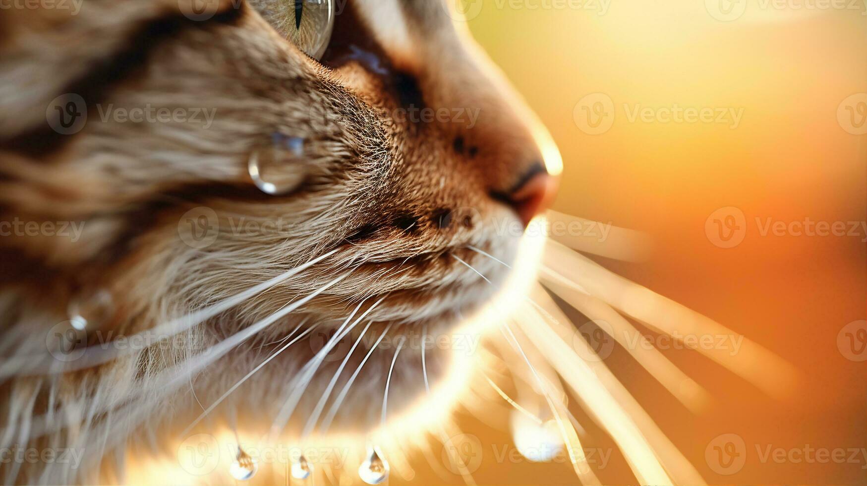 proche - en haut de une chats moustaches, des gouttes de rosée accroché à eux, reflétant le Matin Soleil. génératif ai photo