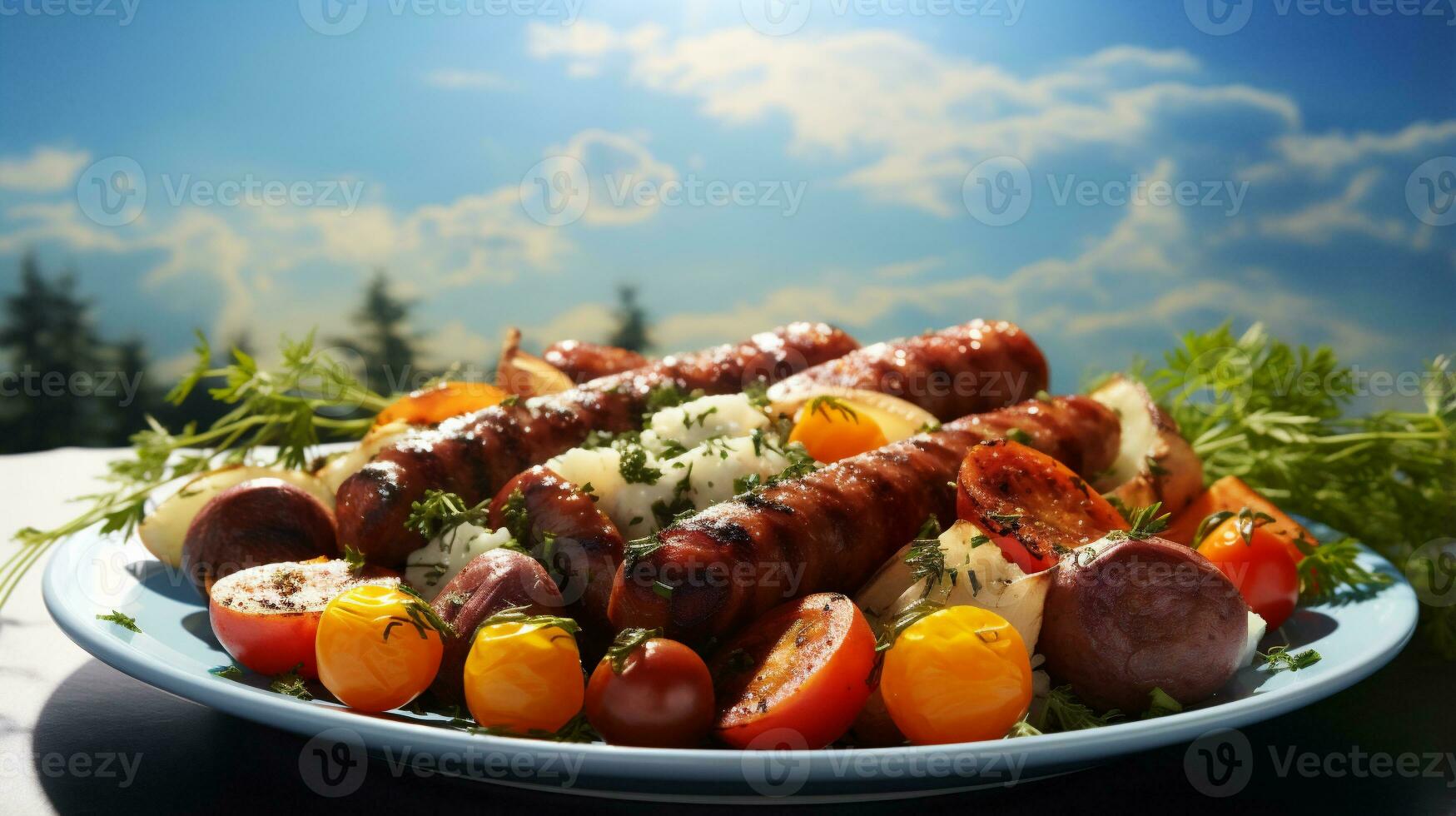 grillé saucisses avec des légumes sur bleu assiette avec bleu ciel Contexte. ai génératif photo