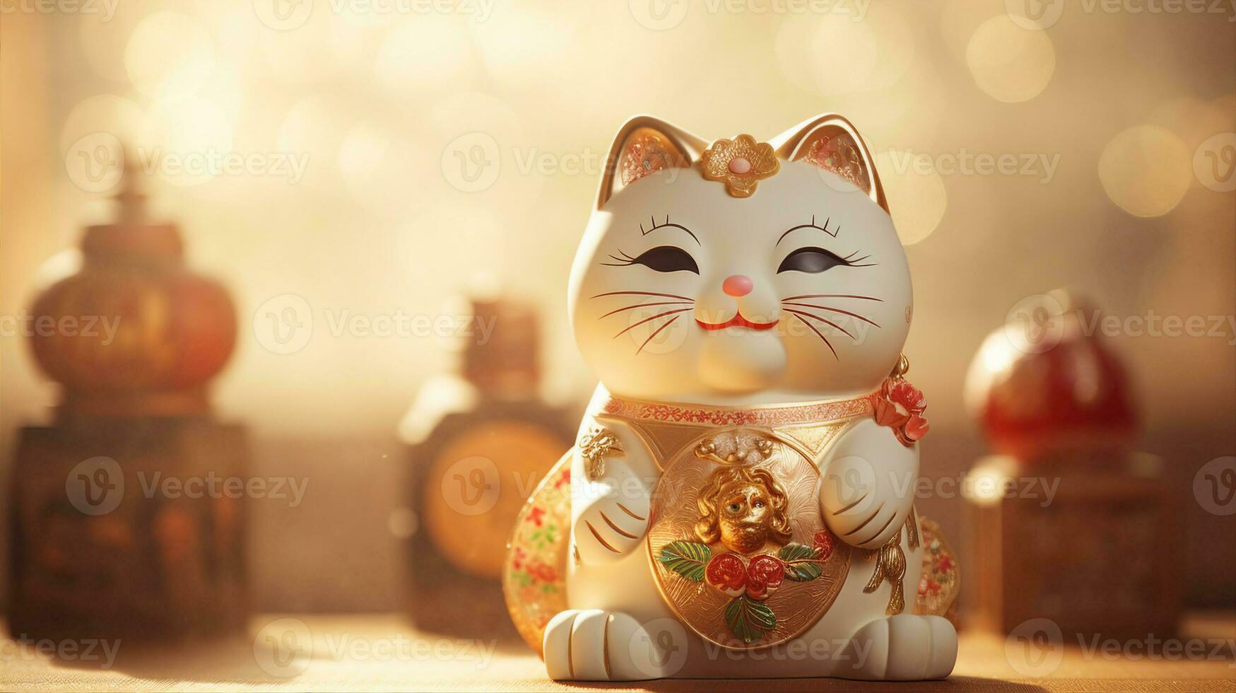 maneki - neko, le chanceux chat statue, avec ses élevé patte, ensemble contre une toile de fond de ancien défile. génératif ai photo