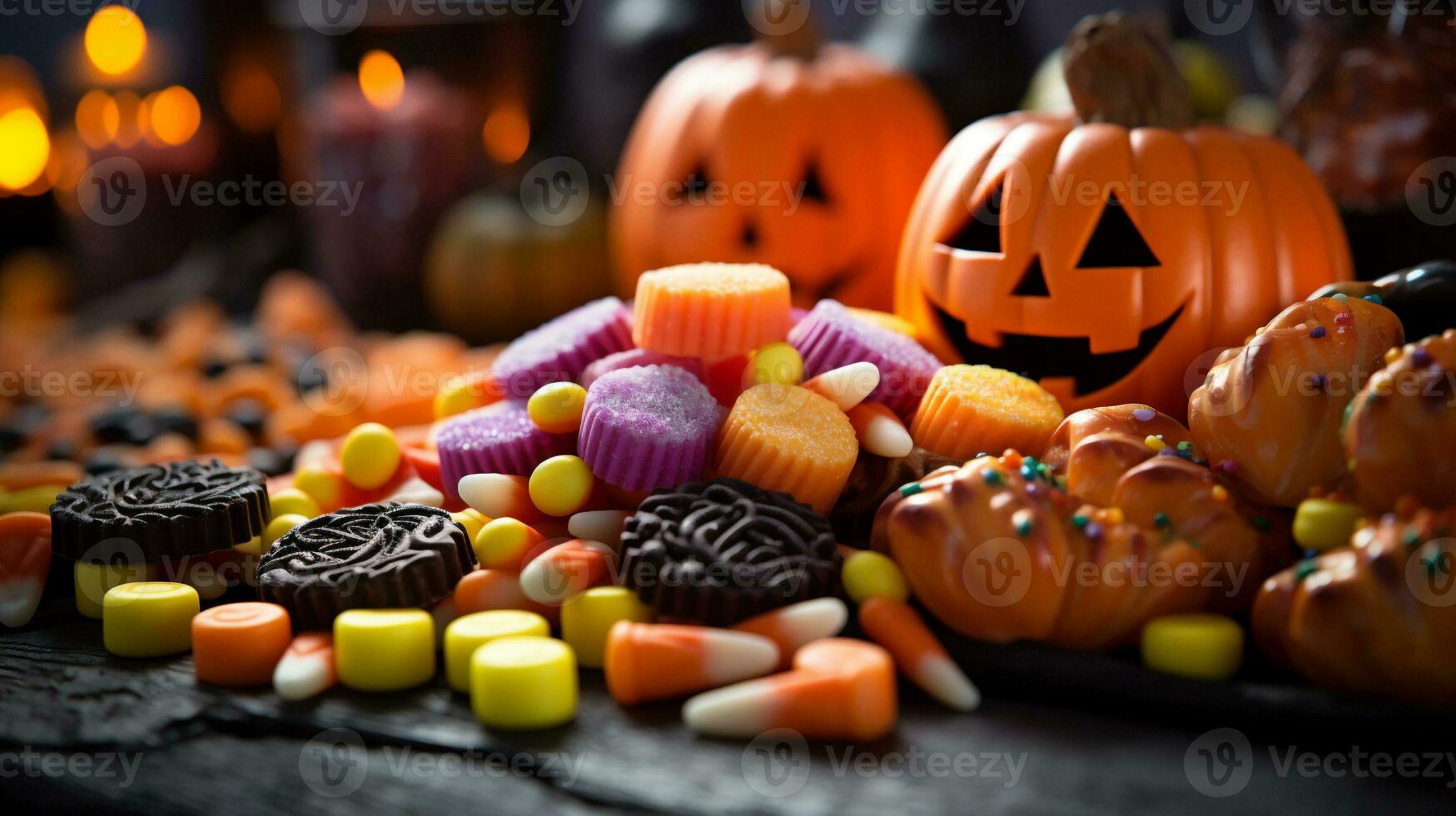 assorti délicieux Halloween bonbons et des sucreries sur foncé Contexte photo