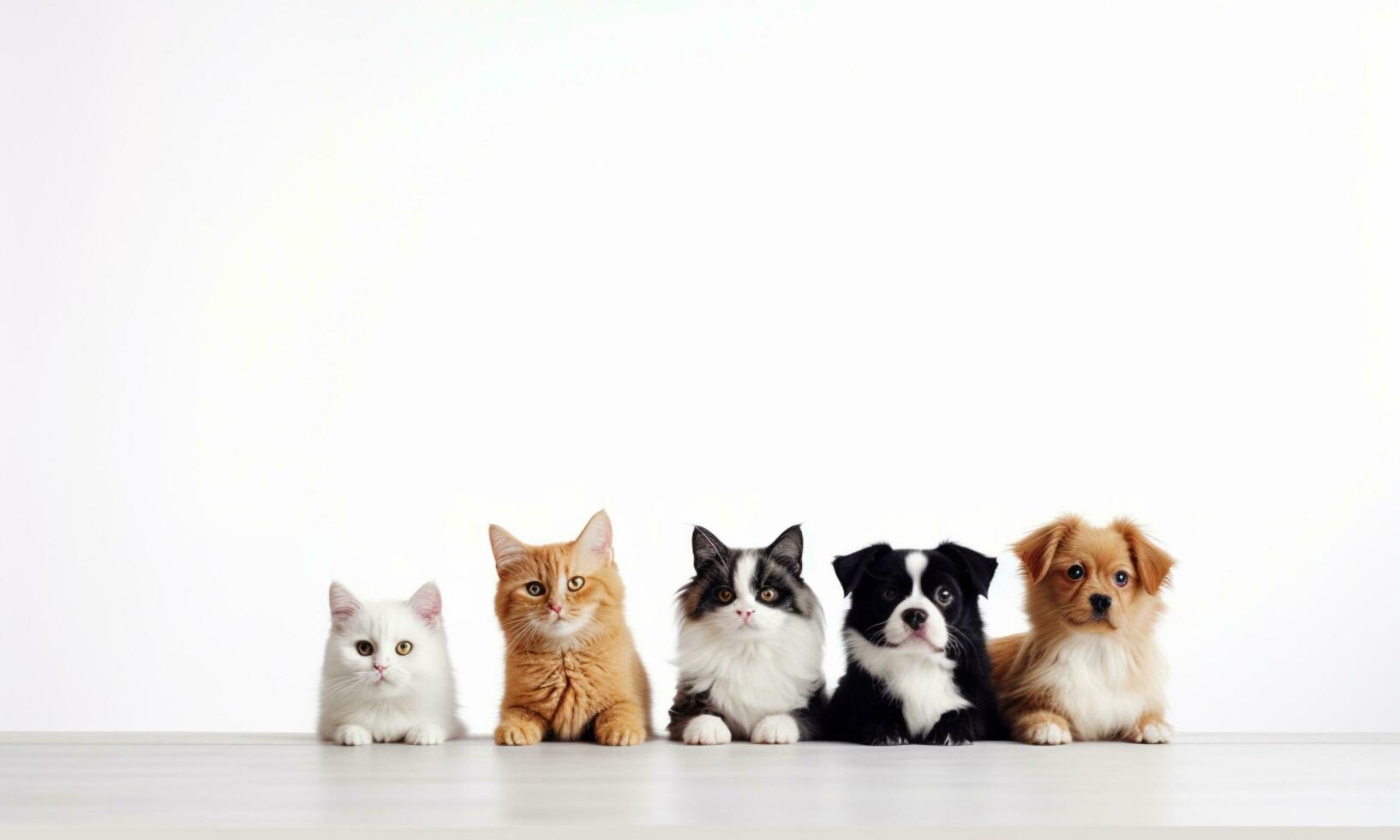 ai généré toile de fond avec des photos de mignonne animaux domestiques, chiots et chatons séance ensemble sur une blanc Contexte.
