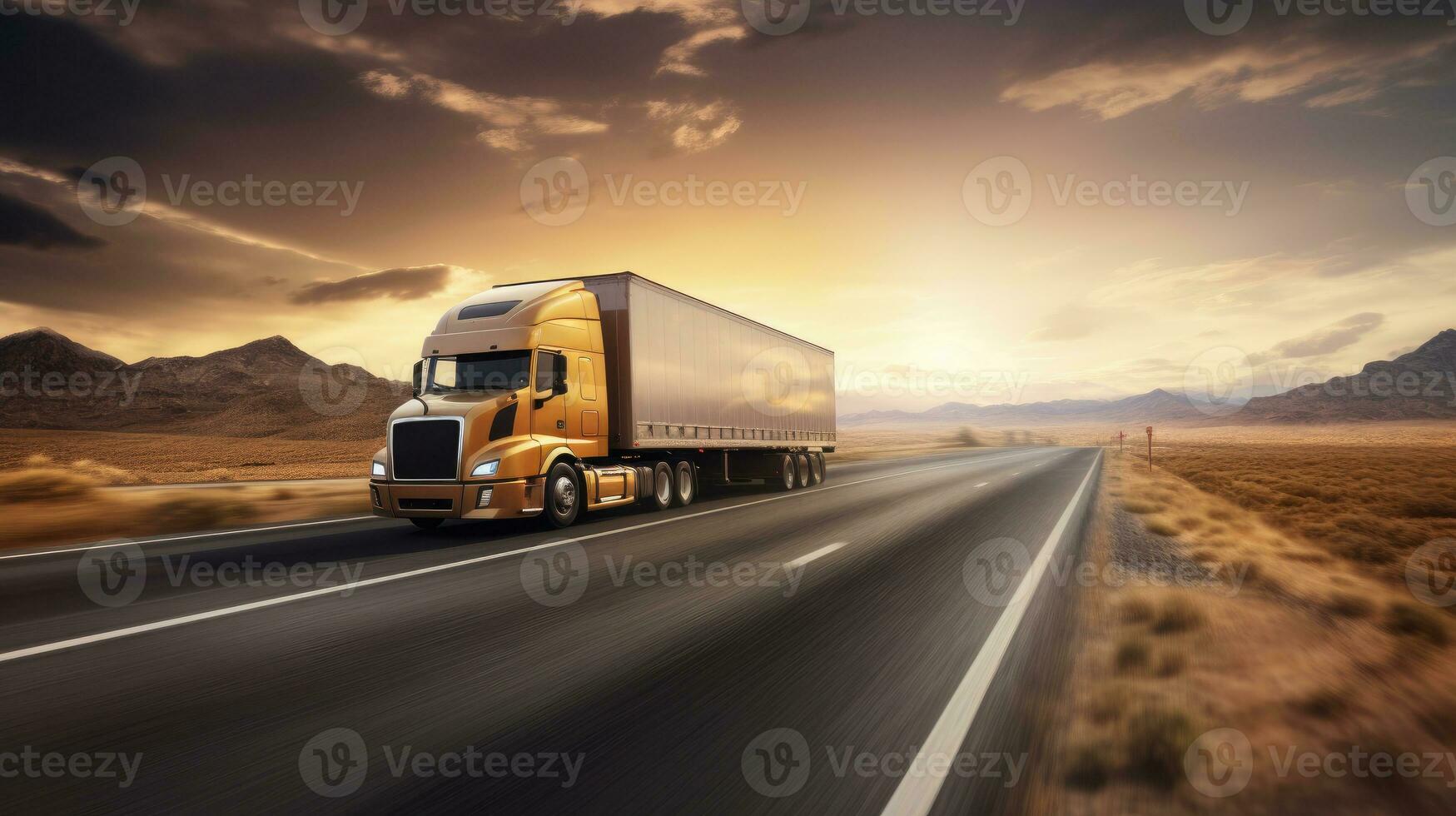 gros un camion sur le Autoroute à le coucher du soleil tirant charger. semi un camion transportant commercial cargaison dans semi bande-annonce. photo