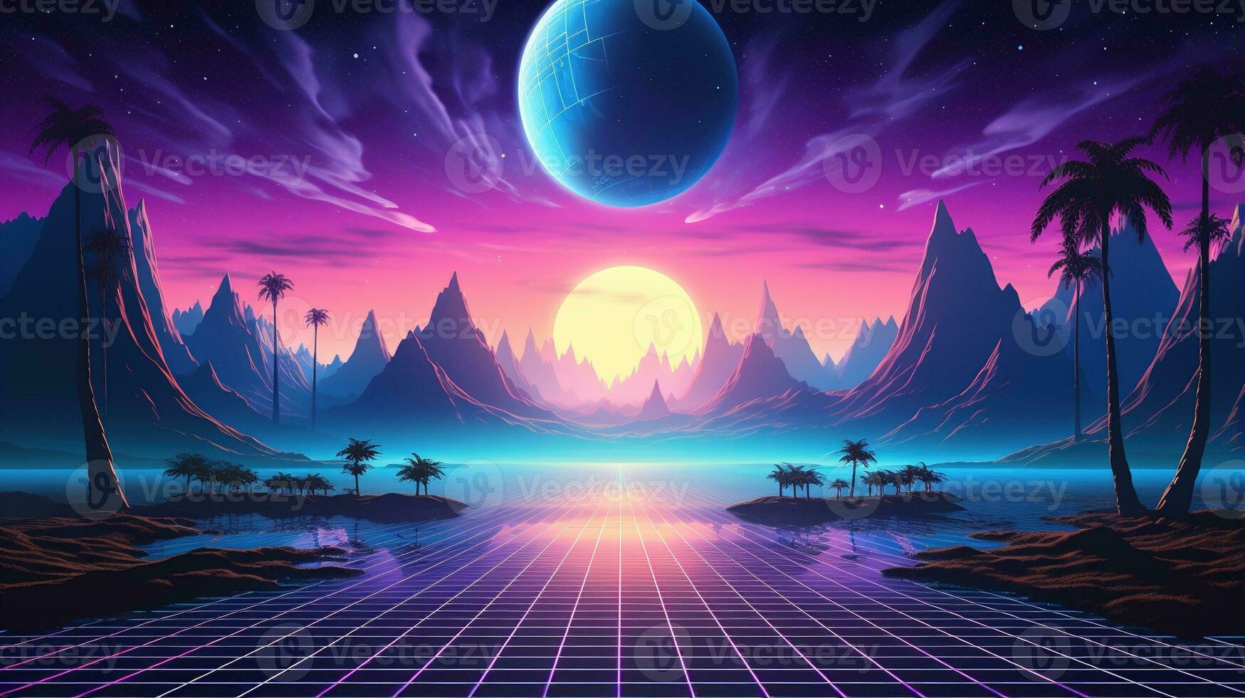 génératif ai, Années 80 rétro futuriste science-fiction., nostalgique années 90. nuit et le coucher du soleil néon couleurs, cyberpunk ancien illustration. soleil, montagnes et palmiers. retrowave vj jeu vidéo paysage.. photo