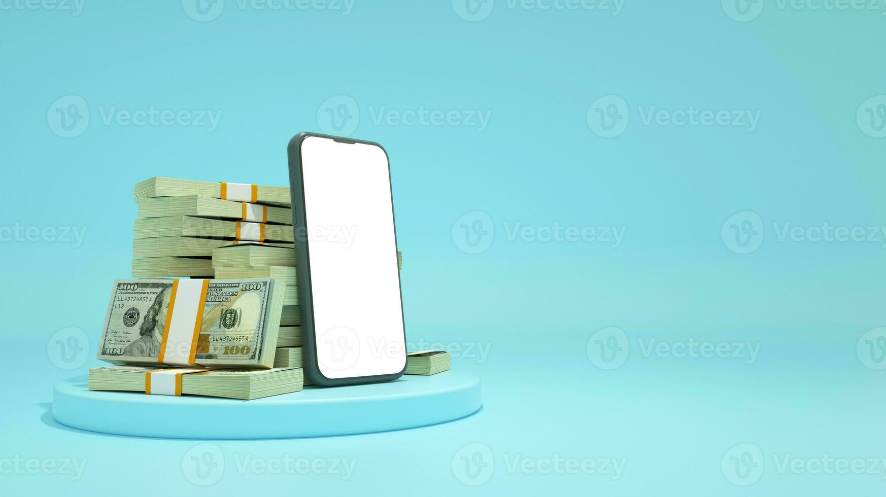 3d le rendu de une mobile téléphone avec Vide écran dans de face de piles de 100 nous dollar Remarques isolé sur bleu Contexte. photo