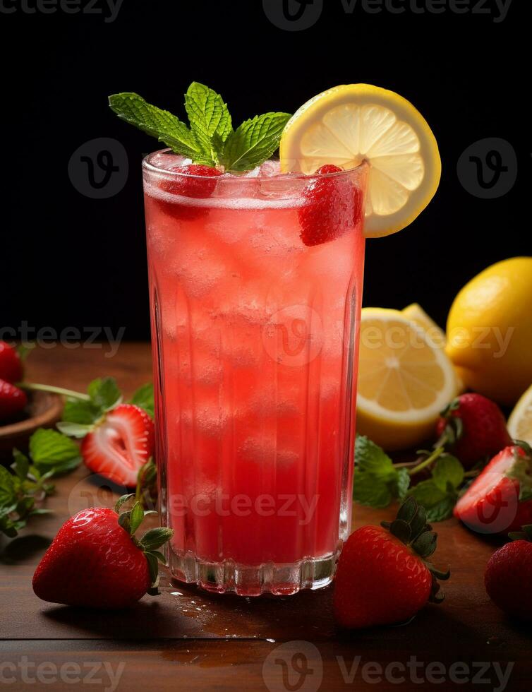 photo de certains fraise limonade boisson élégamment plaqué sur une tableau. génératif ai
