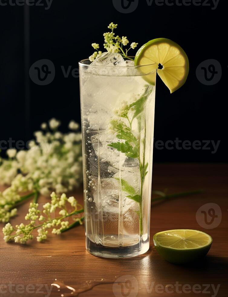 photo de certains fleur de sureau spritzer boisson élégamment plaqué sur une tableau. génératif ai