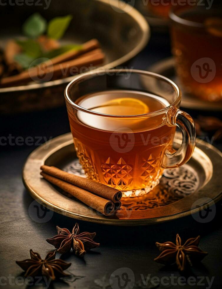 photo de certains cannelle thé boisson élégamment plaqué sur une tableau. génératif ai