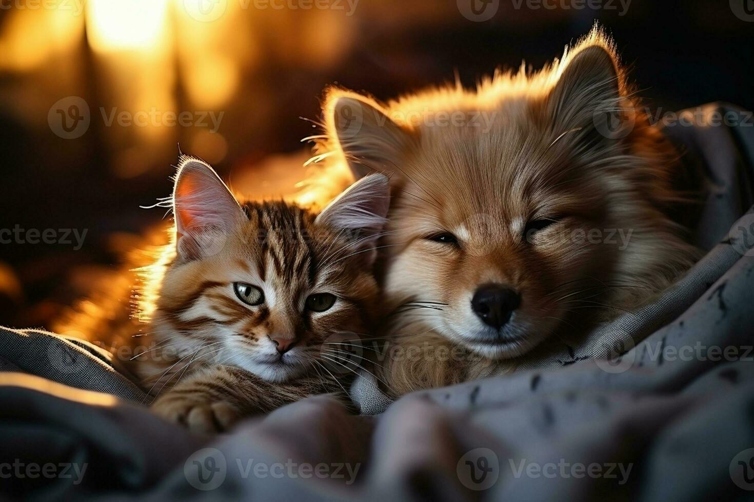 chien et chat ensemble en dessous de couverture ai généré photo