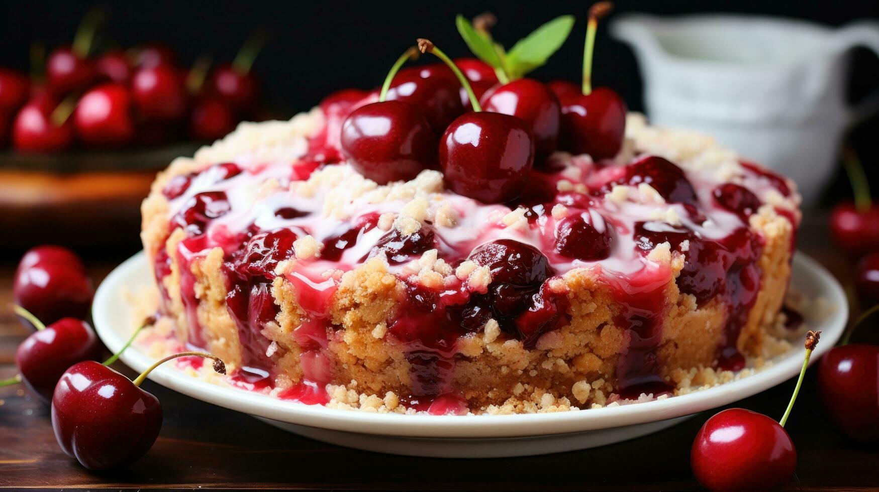 Cerise tarte avec miette Garniture éclatement avec juteux fruit photo