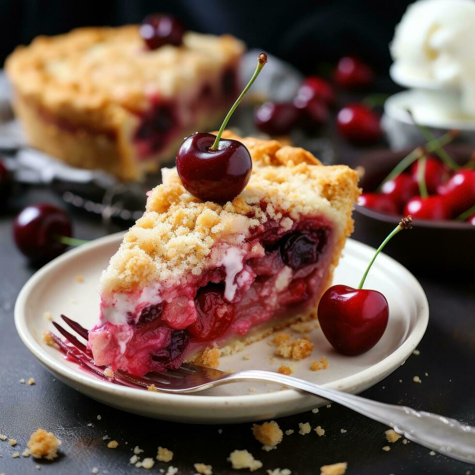 Cerise tarte avec miette Garniture éclatement avec juteux fruit photo