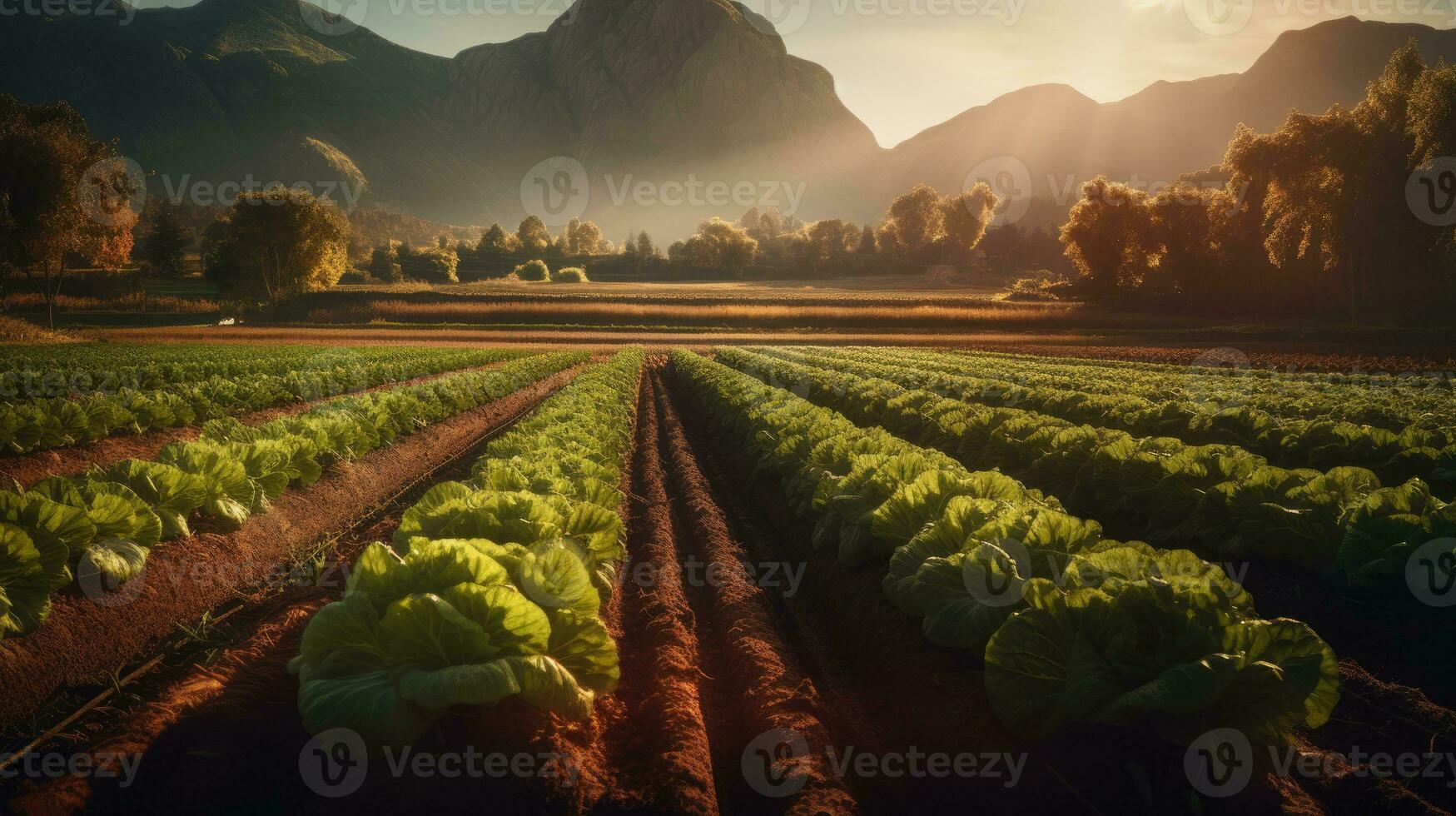 salade champ dans le Matin avec Soleil des rayons et montagnes dans le Contexte photo