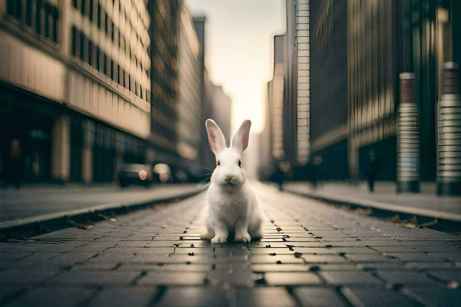 une blanc lapin est permanent sur une rue dans une ville. généré par ai photo