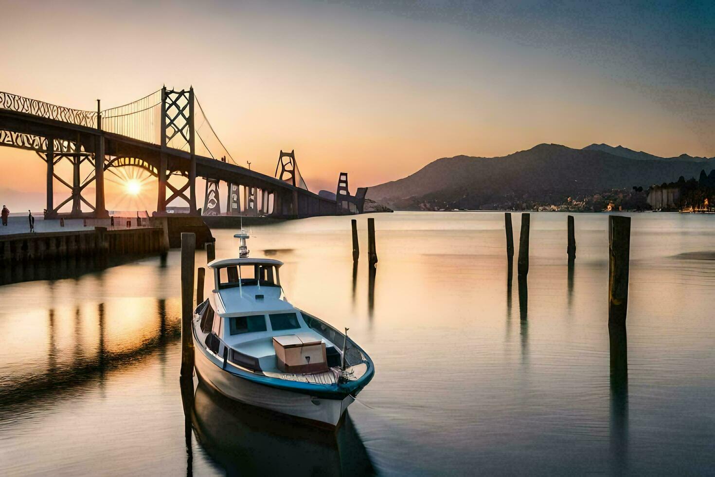 une bateau est assis dans le l'eau près une pont. généré par ai photo