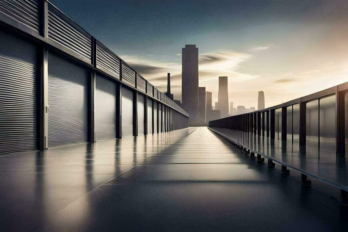 une longue passerelle avec une ville horizon dans le Contexte. généré par ai photo