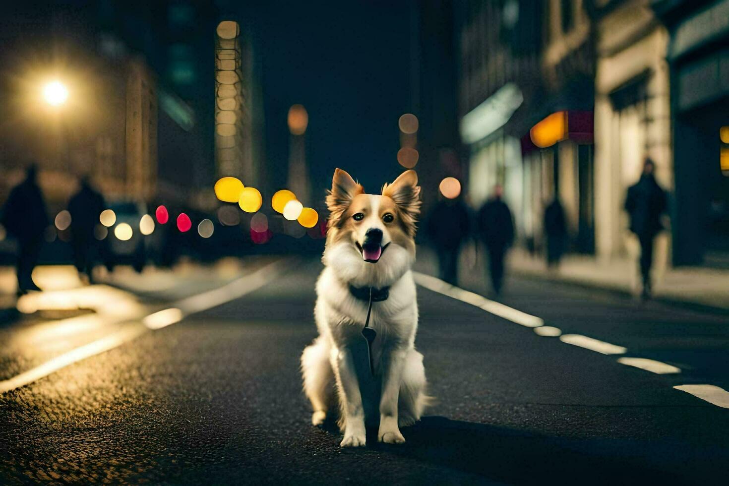 une chien séance sur le rue à nuit. généré par ai photo