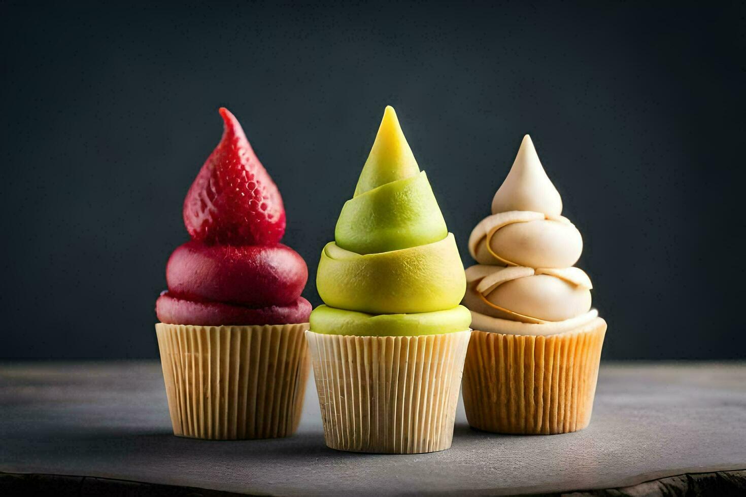 Trois différent coloré petits gâteaux sur une tableau. généré par ai photo