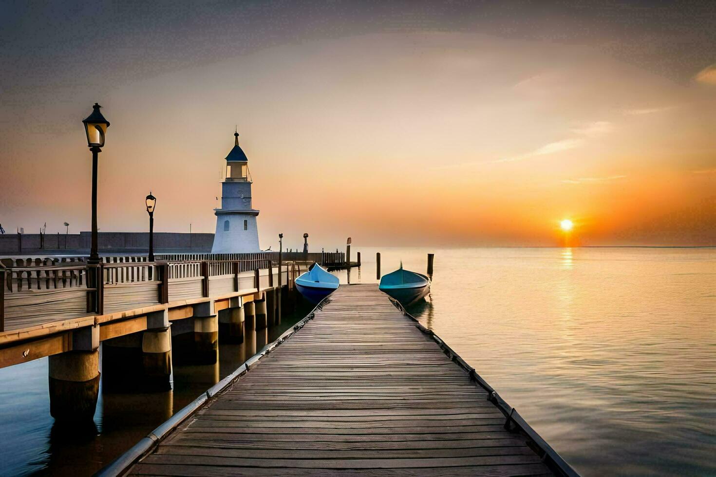 une jetée avec une phare à le coucher du soleil. généré par ai photo