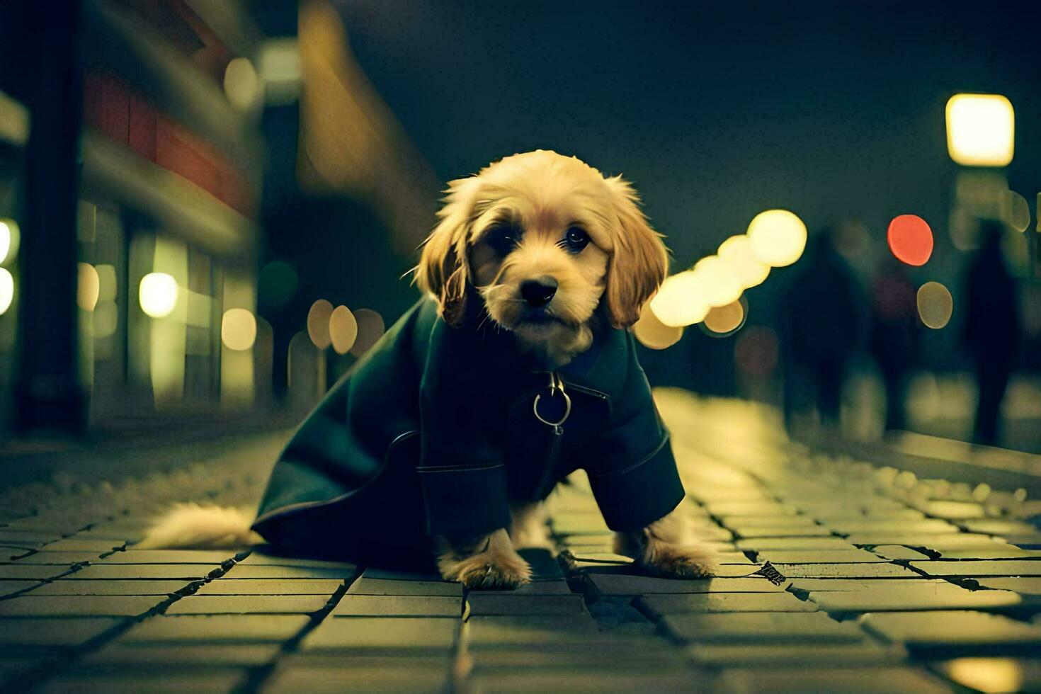 une chien dans une manteau séance sur le rue à nuit. généré par ai photo