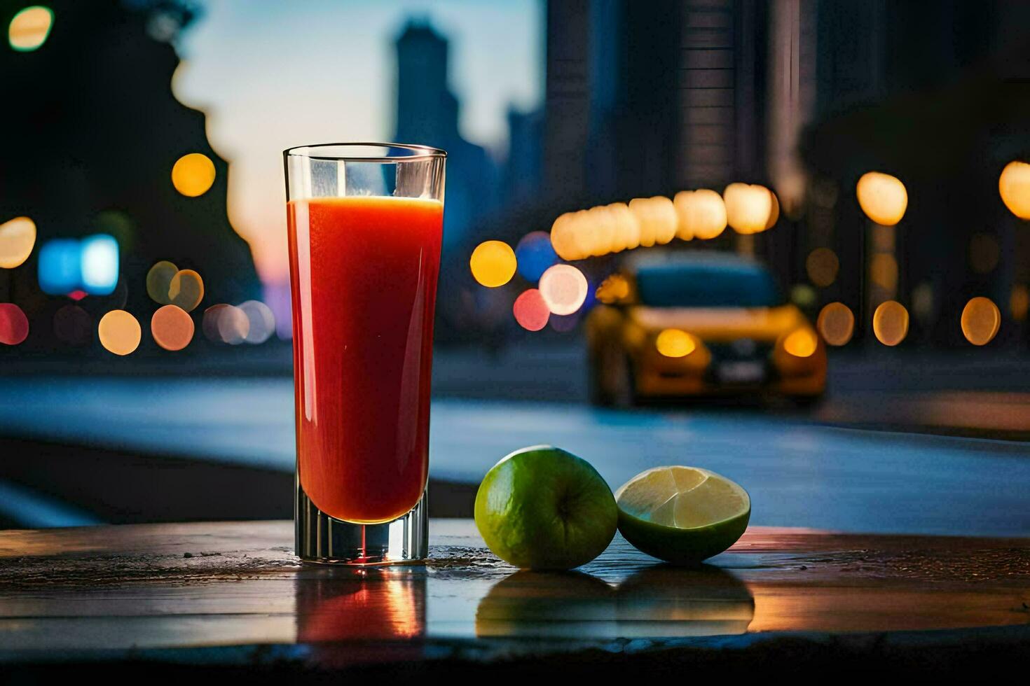 une verre de jus avec citron vert et une voiture dans le Contexte. généré par ai photo