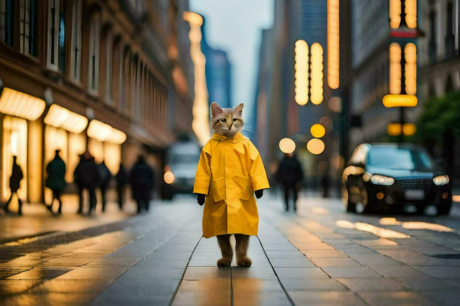 une chat dans une imperméable en marchant vers le bas une rue. généré par ai photo