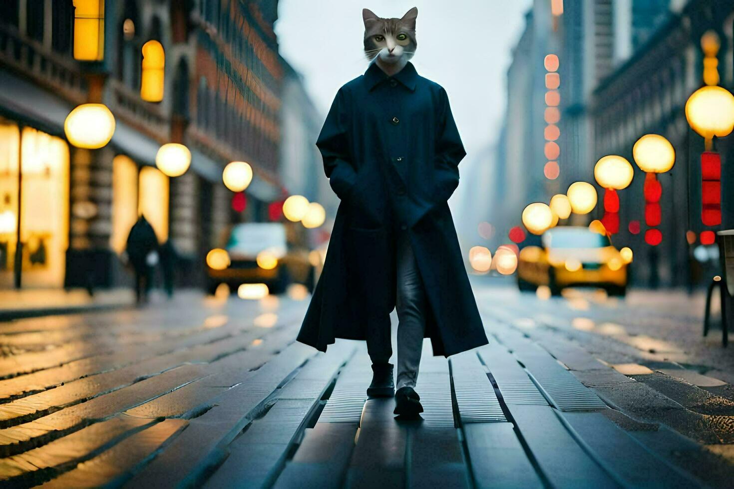 une chat portant une manteau et en marchant vers le bas une rue. généré par ai photo