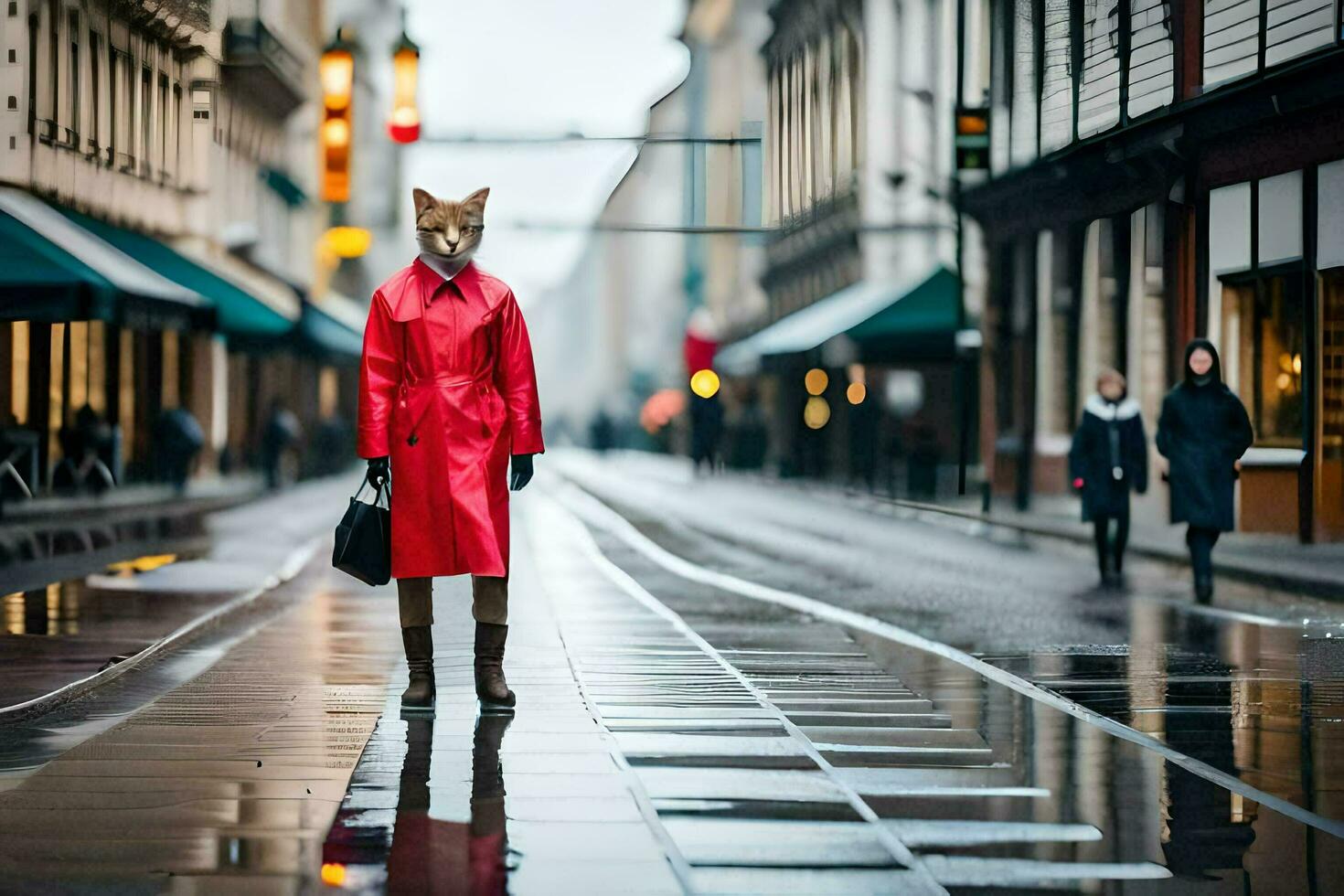 une Renard portant une rouge manteau est en marchant vers le bas une rue. généré par ai photo
