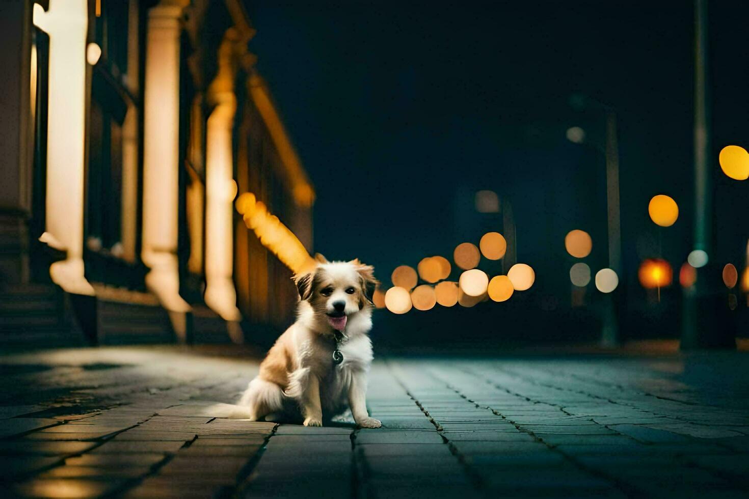 une chien séance sur le trottoir à nuit. généré par ai photo