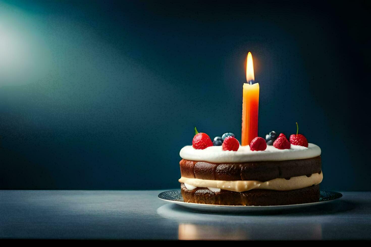 une anniversaire gâteau avec une bougie sur Haut. généré par ai photo