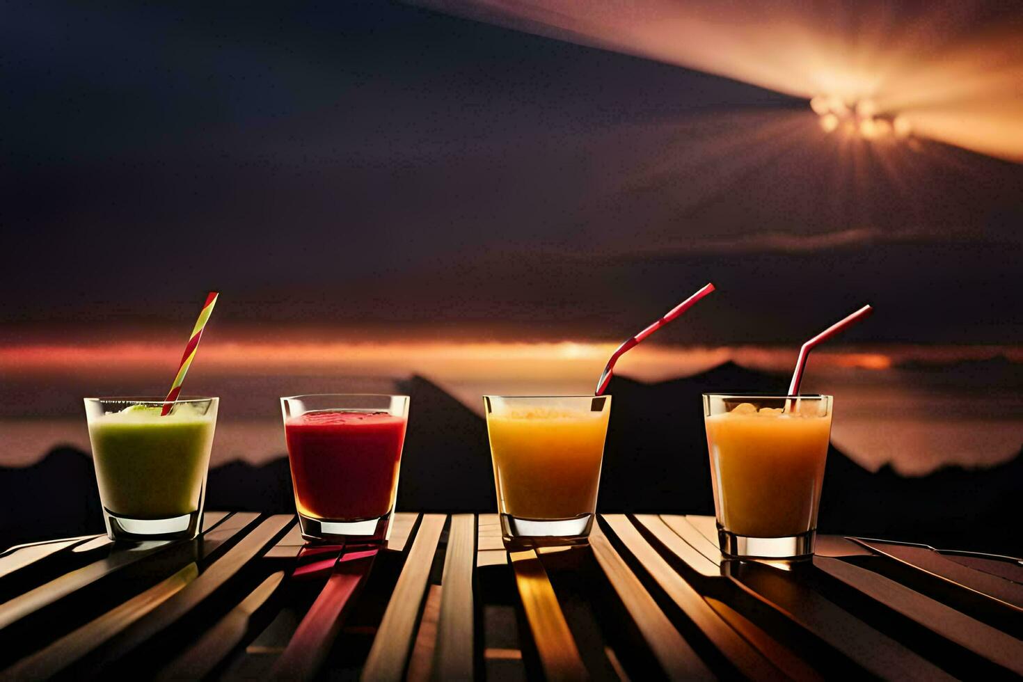 quatre des lunettes de jus sur une table avec une le coucher du soleil dans le Contexte. généré par ai photo