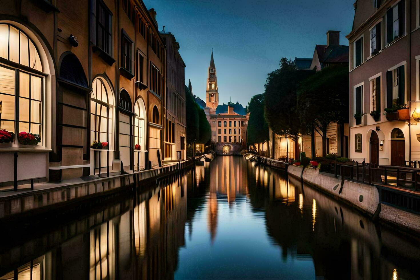 une canal dans le milieu de une ville à nuit. généré par ai photo