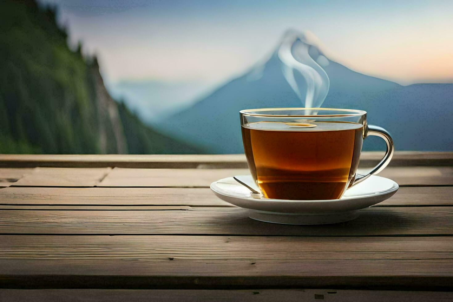 une tasse de thé sur une en bois table avec montagnes dans le Contexte. généré par ai photo