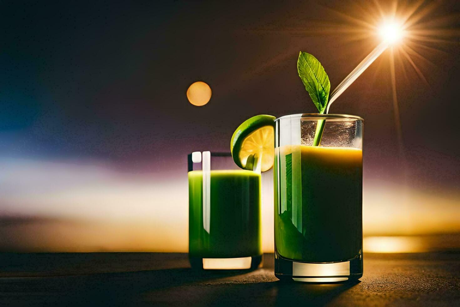 deux des lunettes de vert jus avec une paille. généré par ai photo