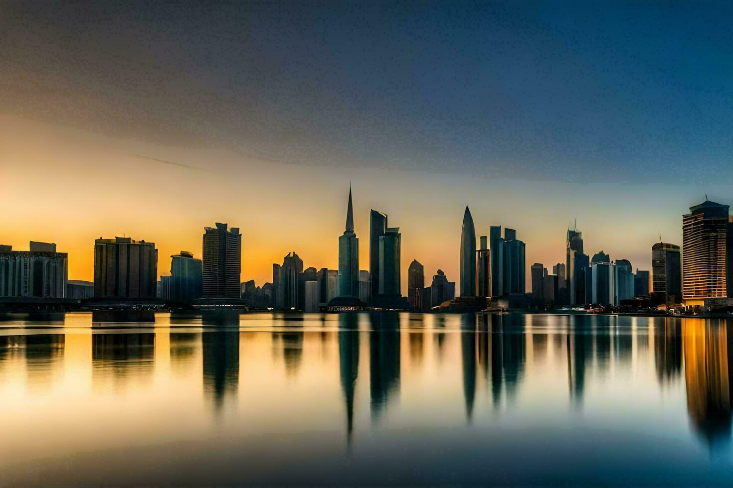 le horizon de Dubai à le coucher du soleil. généré par ai photo