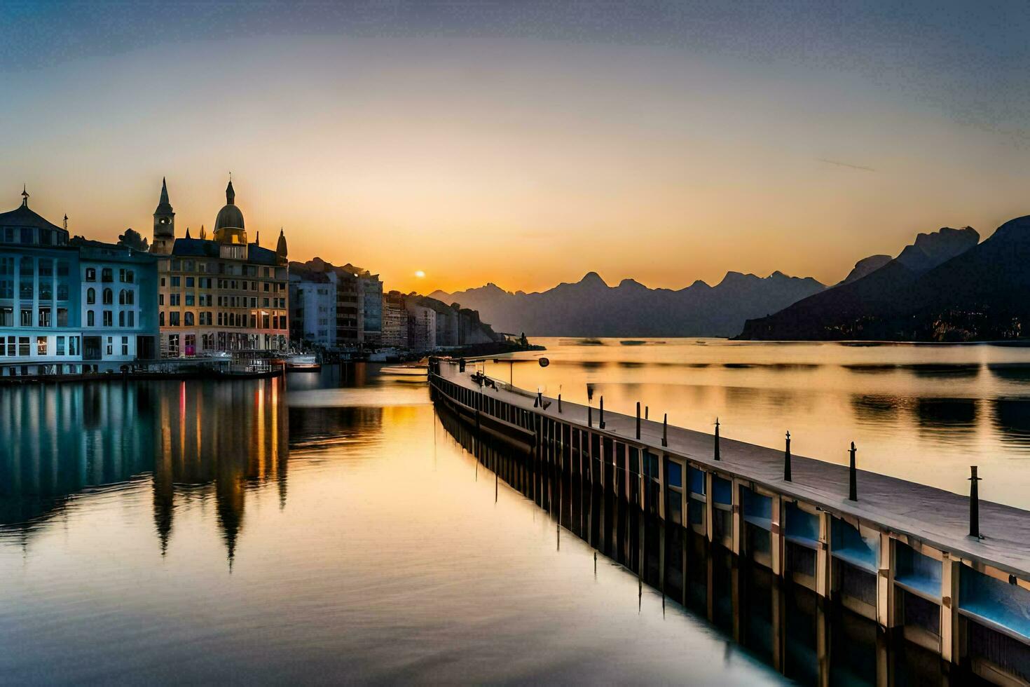 le Soleil ensembles plus de le ville de luzerne, Suisse. généré par ai photo