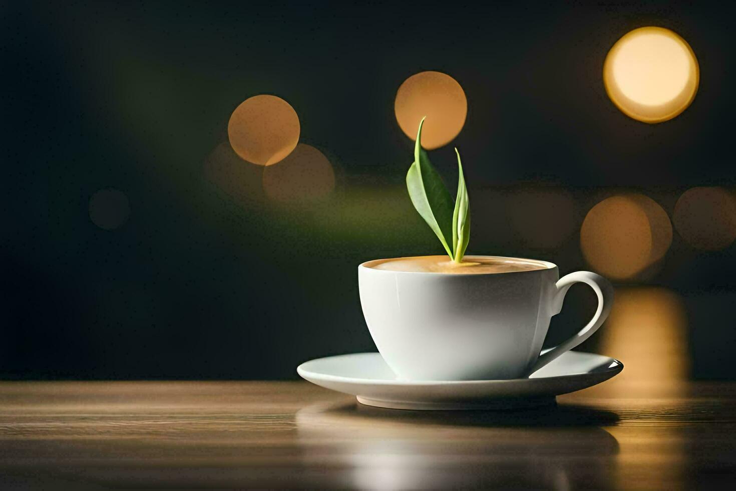 une tasse de café avec une vert plante sur le soucoupe. généré par ai photo