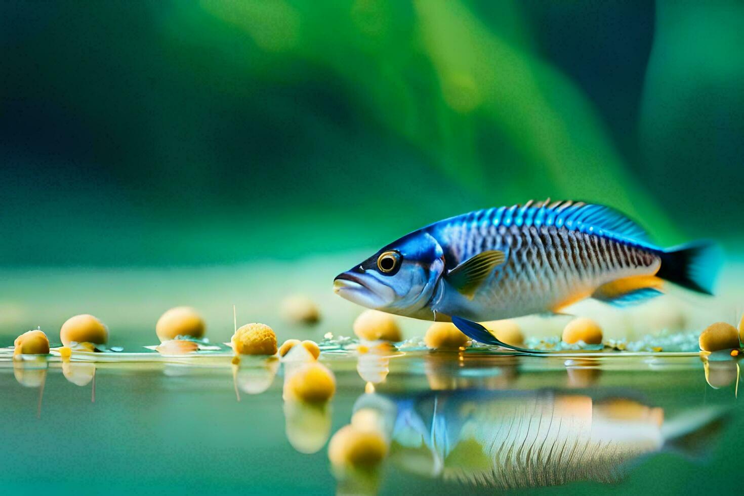 une poisson est permanent sur le l'eau avec certains Jaune des balles. généré par ai photo