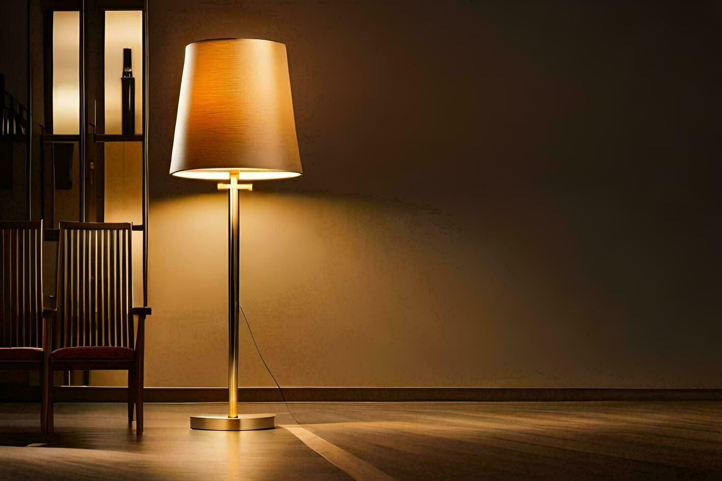 une lampe dans une pièce avec une chaise et une tableau. généré par ai photo