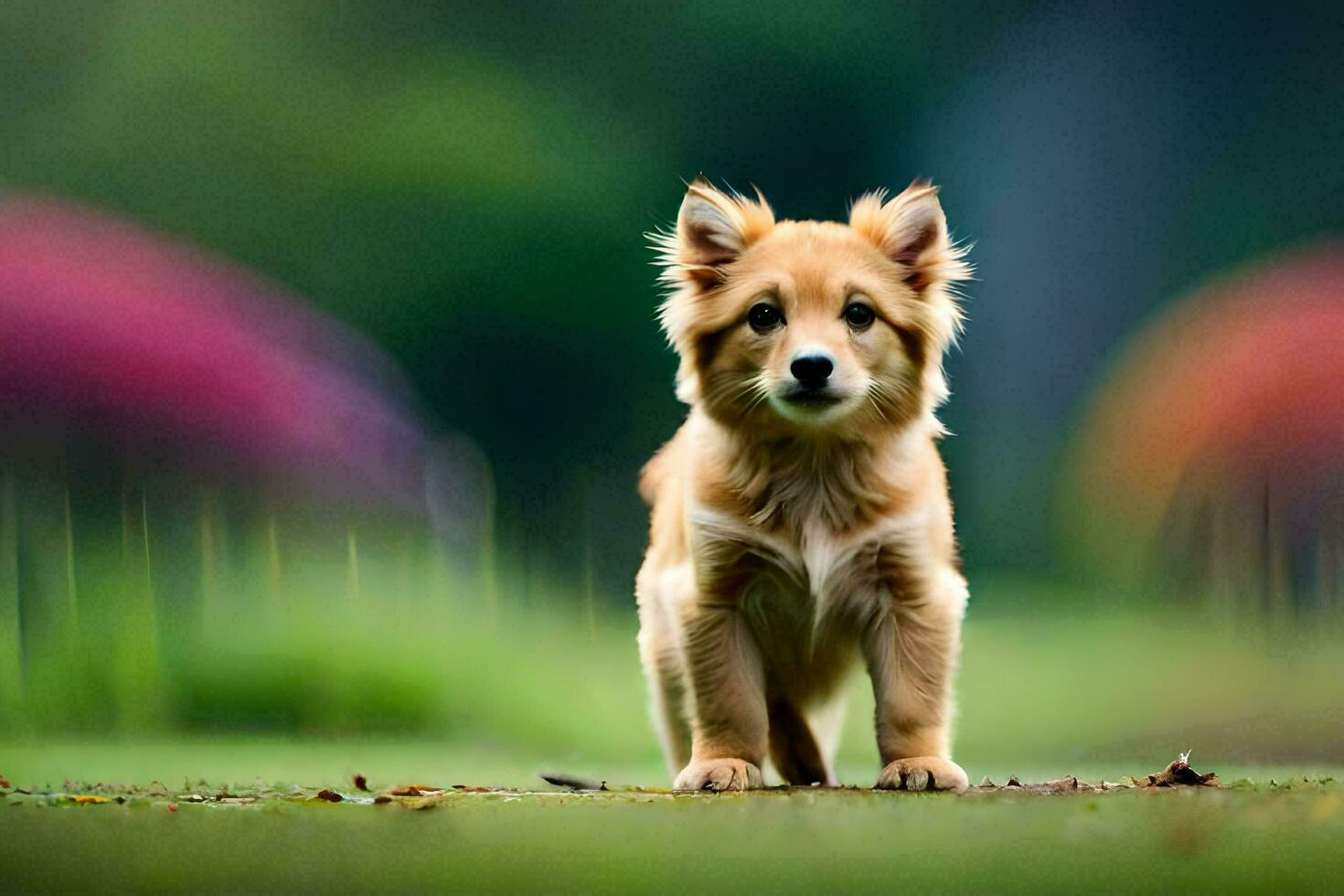 une petit marron chien permanent dans le herbe. généré par ai photo