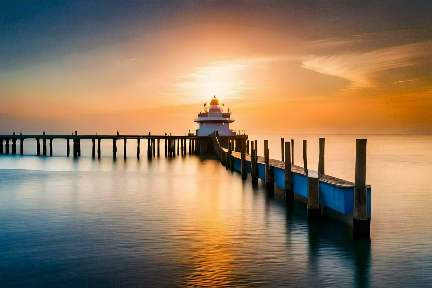 une phare des stands sur le jetée à le coucher du soleil. généré par ai photo