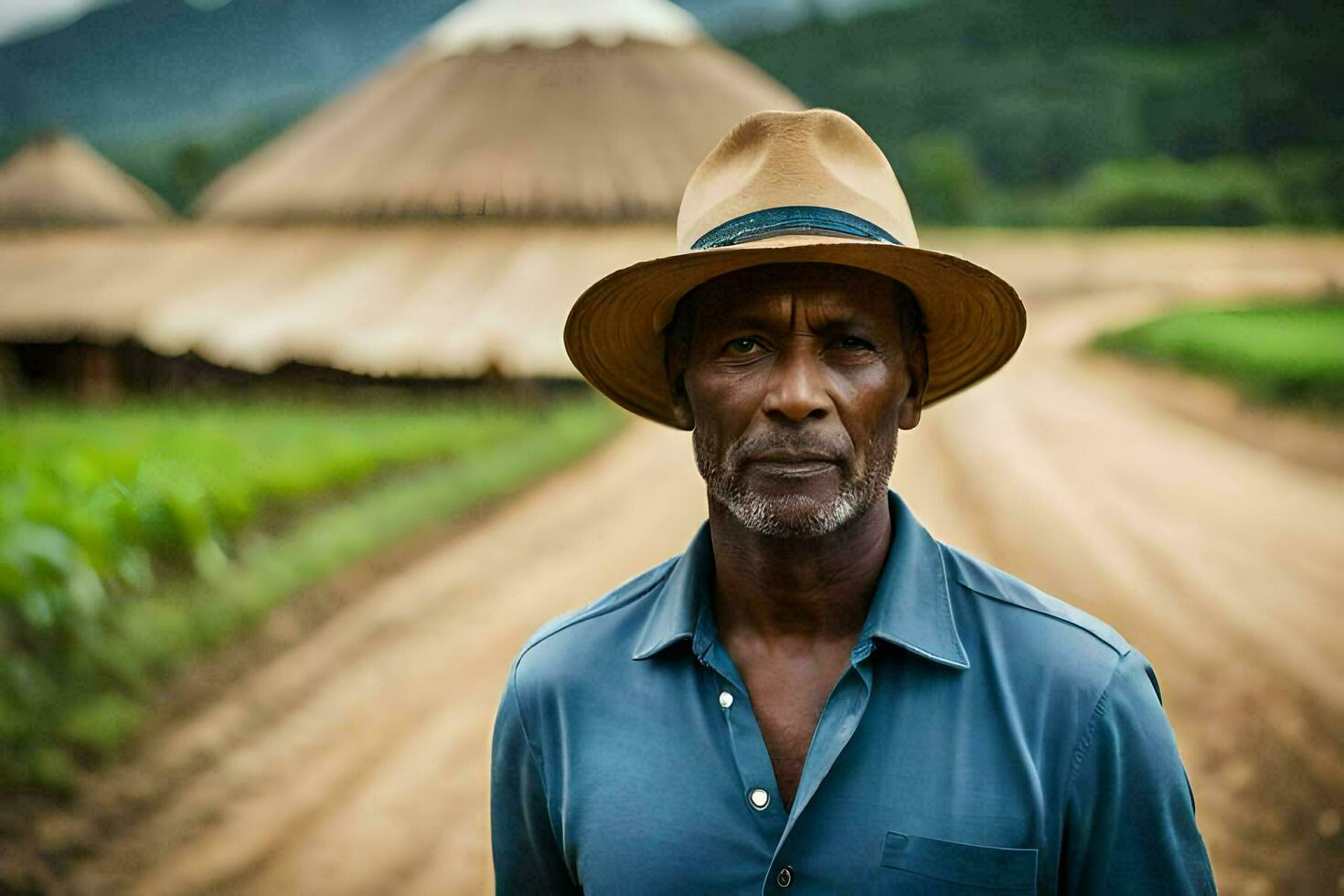 une homme dans une chapeau des stands dans de face de une champ. généré par ai photo