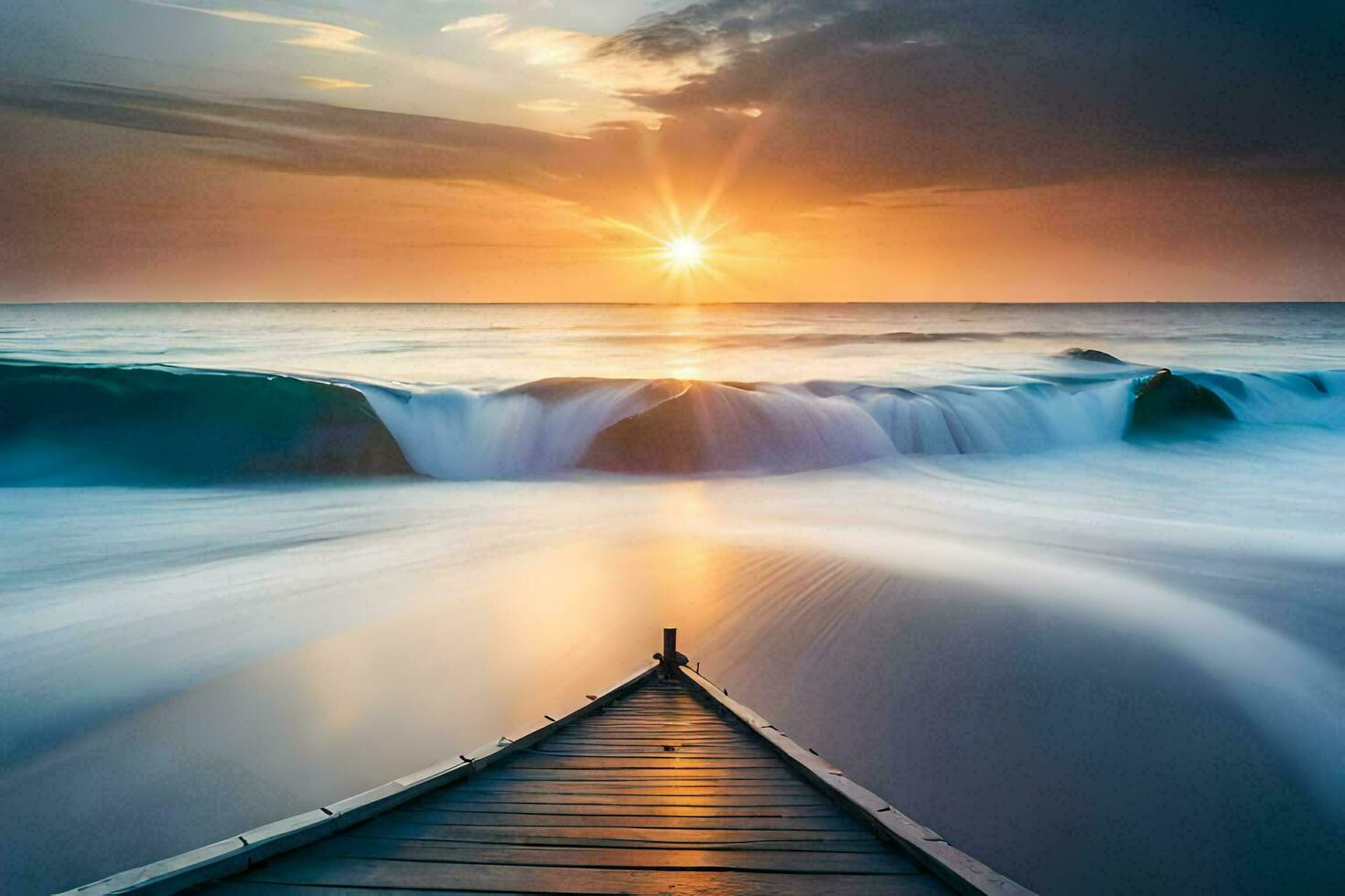 une en bois Dock pistes dans le océan à le coucher du soleil. généré par ai photo