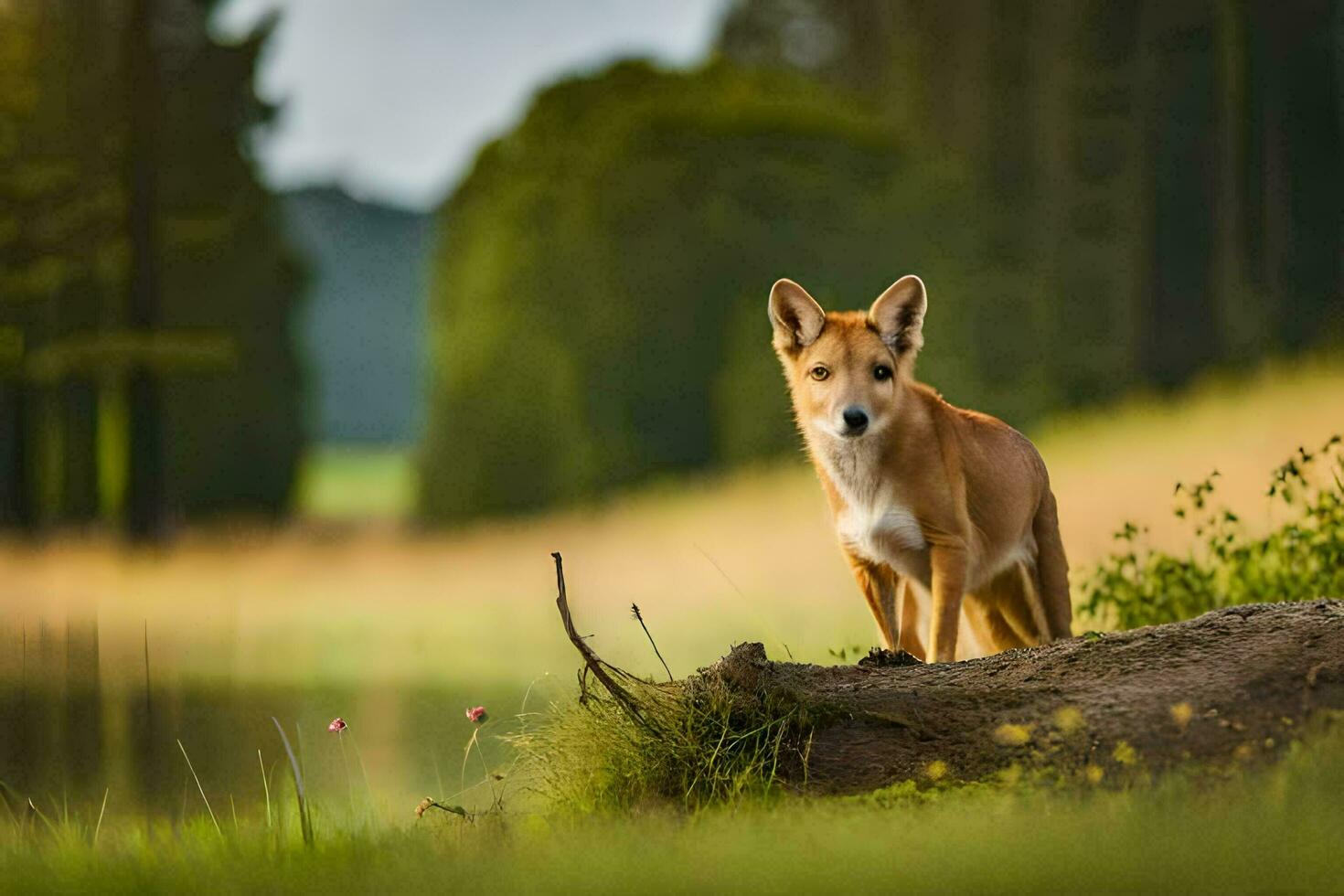 une chien permanent sur une Journal dans de face de une lac. généré par ai photo