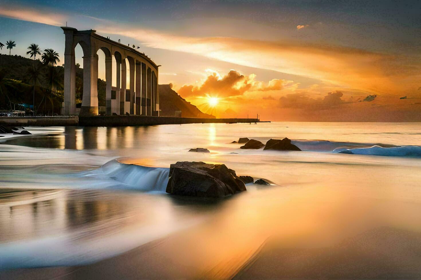 le le coucher du soleil plus de le océan et une pont. généré par ai photo