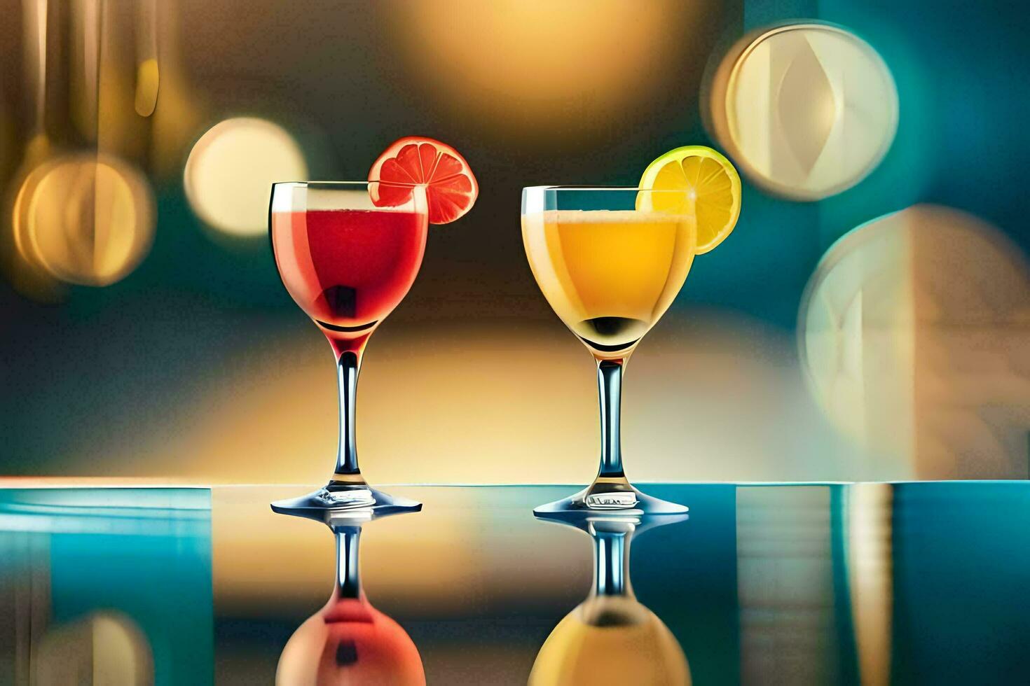 deux des lunettes de des cocktails avec Orange tranches sur le tableau. généré par ai photo