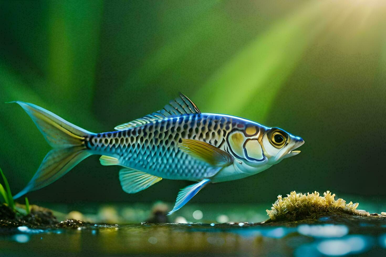 une poisson est permanent dans le l'eau avec lumière du soleil brillant sur il. généré par ai photo