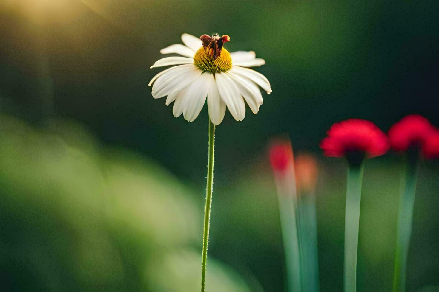 une Célibataire blanc Marguerite est permanent dans le milieu de une champ. généré par ai photo