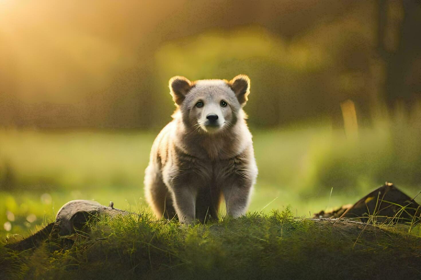 une bébé ours est permanent dans le herbe. généré par ai photo