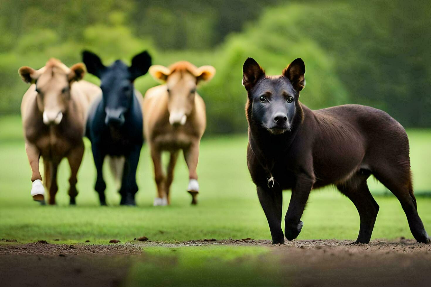 une chien et une vache sont permanent dans une champ. généré par ai photo